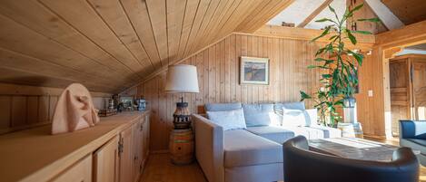 A cozy cabin interior with wooden walls, a sofa, a dining table, and a plant.