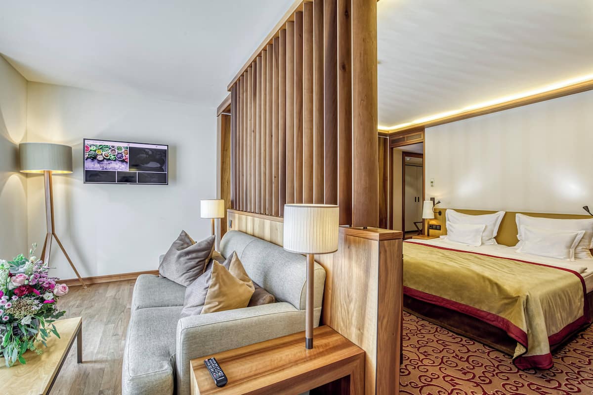 Ein Hotelzimmer mit einer Couch, einem Bett, einem an der Wand befestigten Fernseher und einer Holzwand.