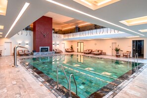 Indoor pool, outdoor pool, pool loungers