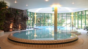 Una amplia piscina interior con pared de piedra y ventanas de vidrio.