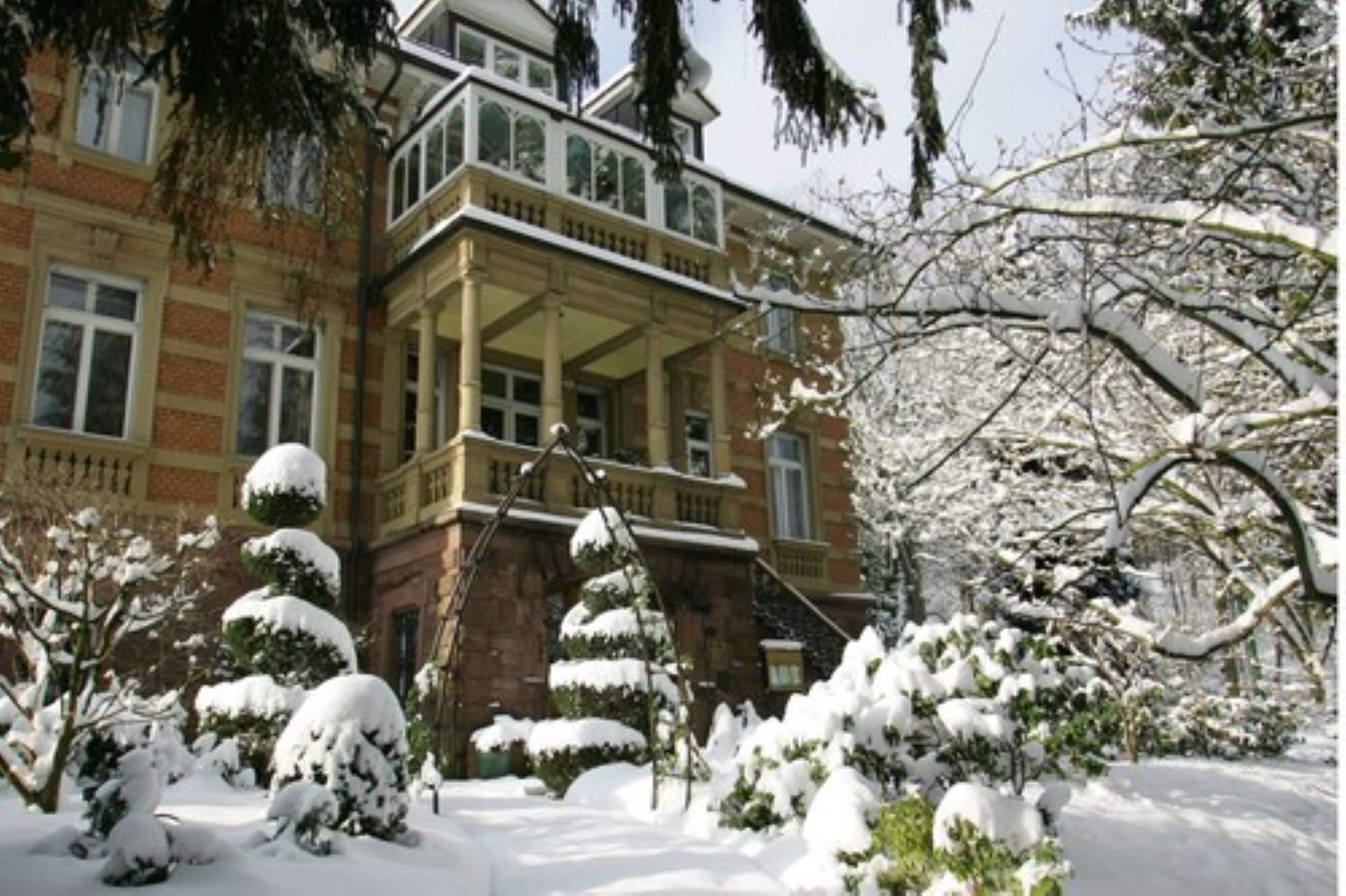 Un edificio grande de varios pisos con un balcón destacado y árboles nevados al frente.