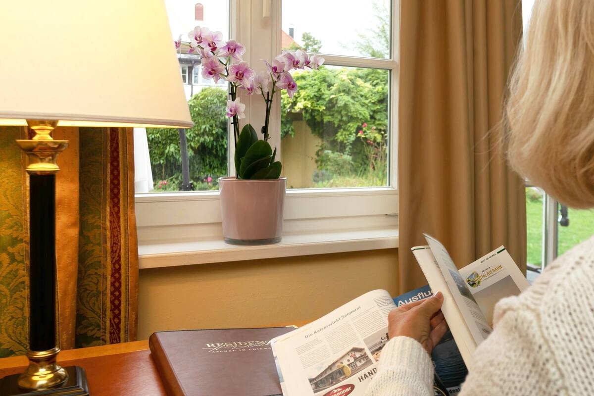 A room with a window, a lamp, a potted orchid, and a person reading a book.