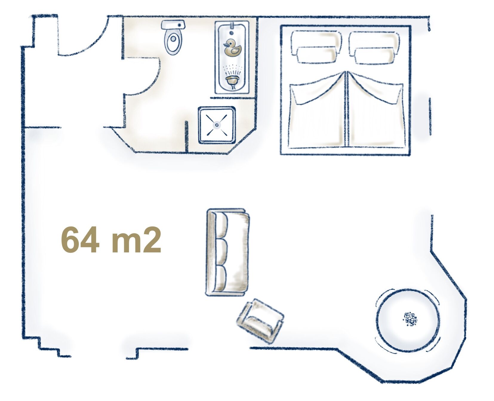 A floor plan of a 64 m2 apartment with a bathroom, a kitchen, and a living area.