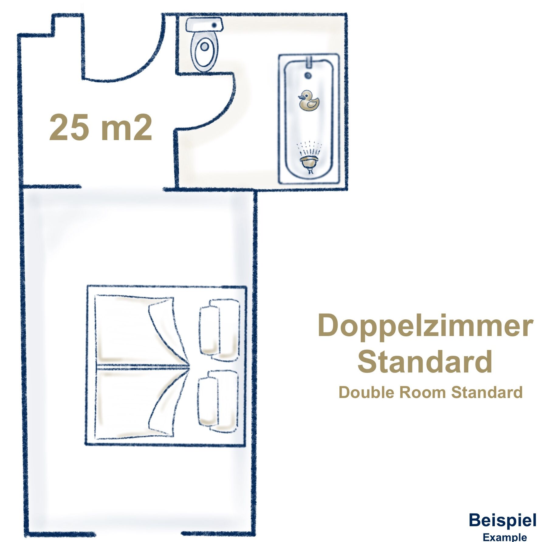 A double room standard layout with a bathroom and a kitchenette.