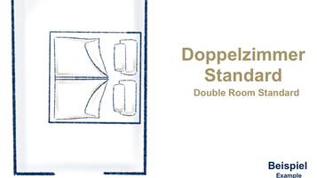 A double room standard layout with a bathroom and a kitchenette.