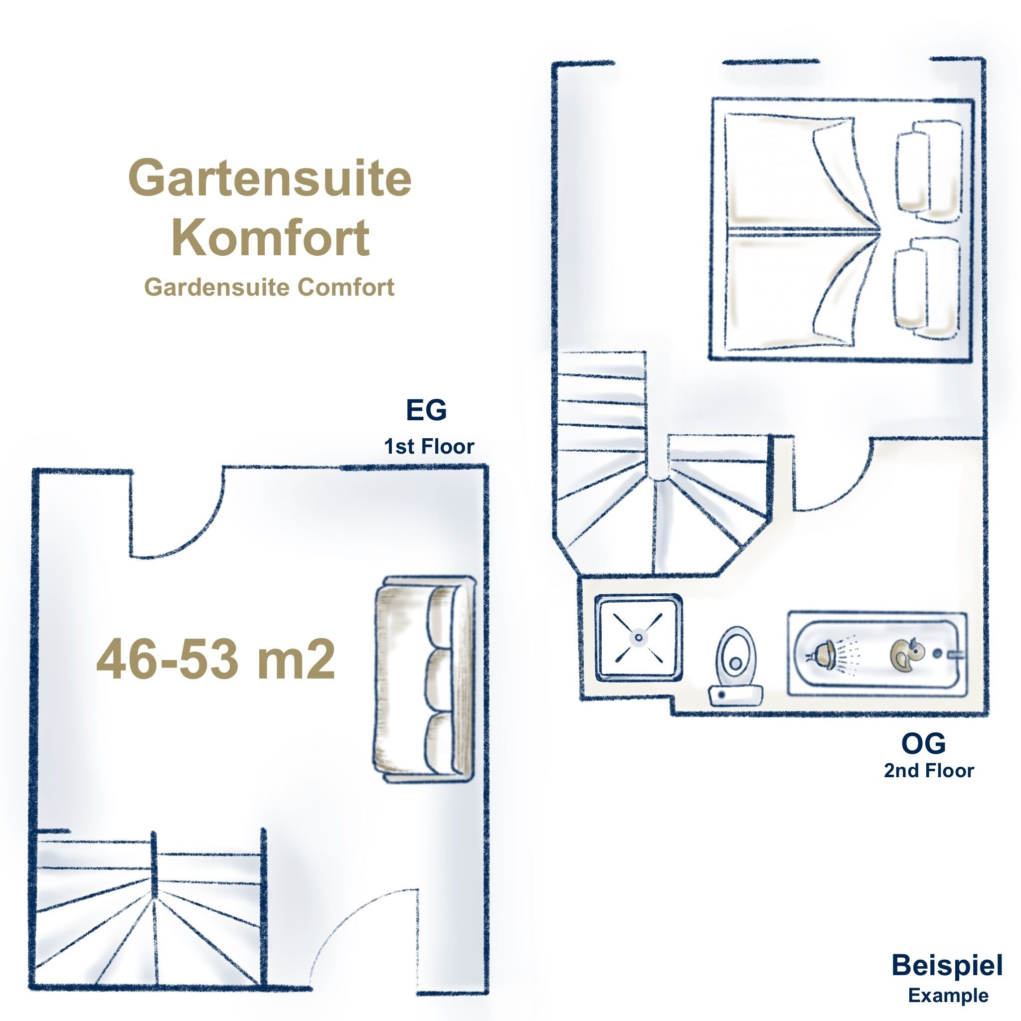 A 1st floor bedroom with a bathroom and a 2nd floor bathroom.