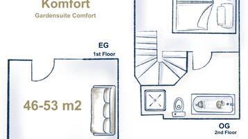 A 1st floor bedroom with a bathroom and a 2nd floor bathroom.