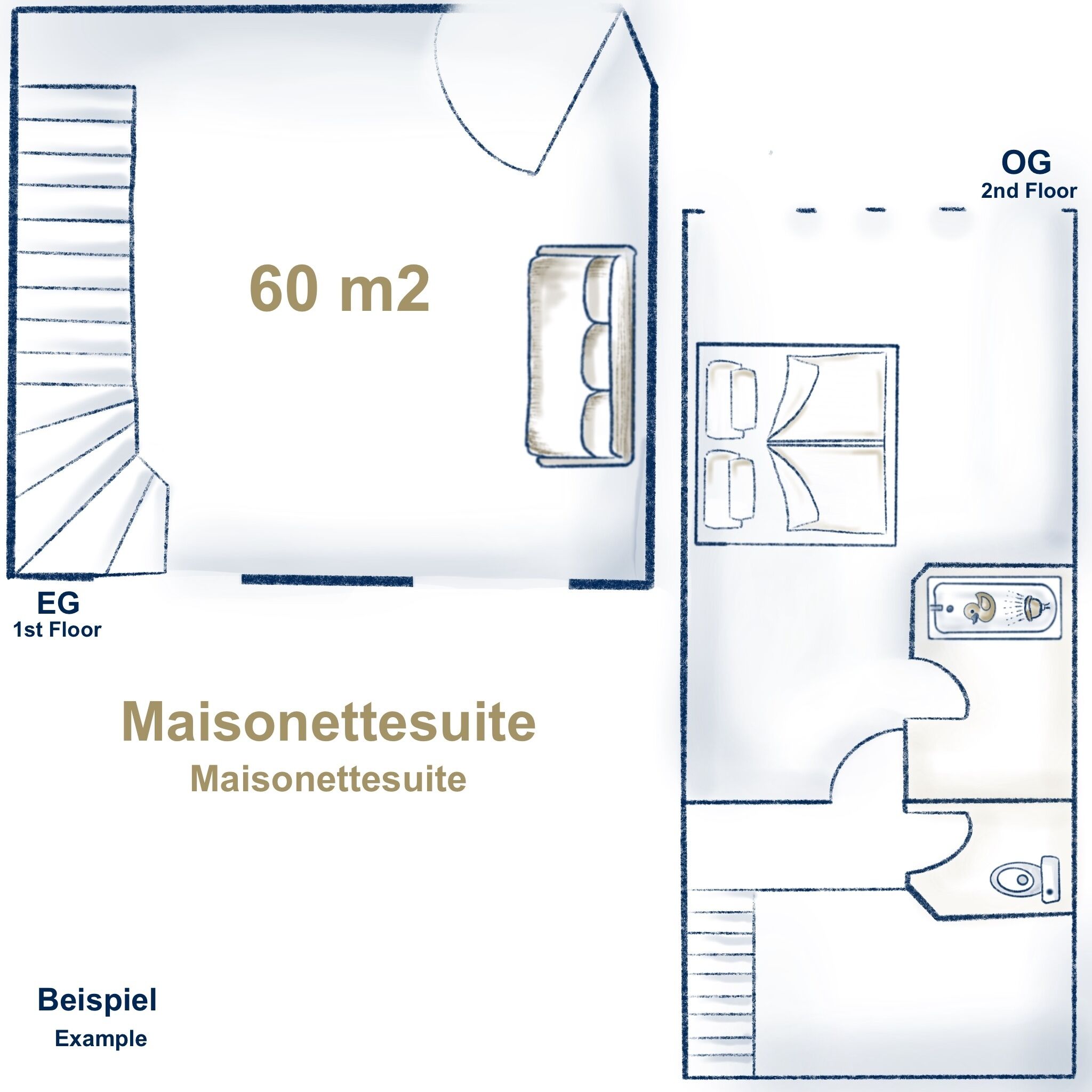 Eine Maisonette-Suiten-Anordnung mit 60 m² im ersten Obergeschoss, inklusive Bad und Küchenzeile.
