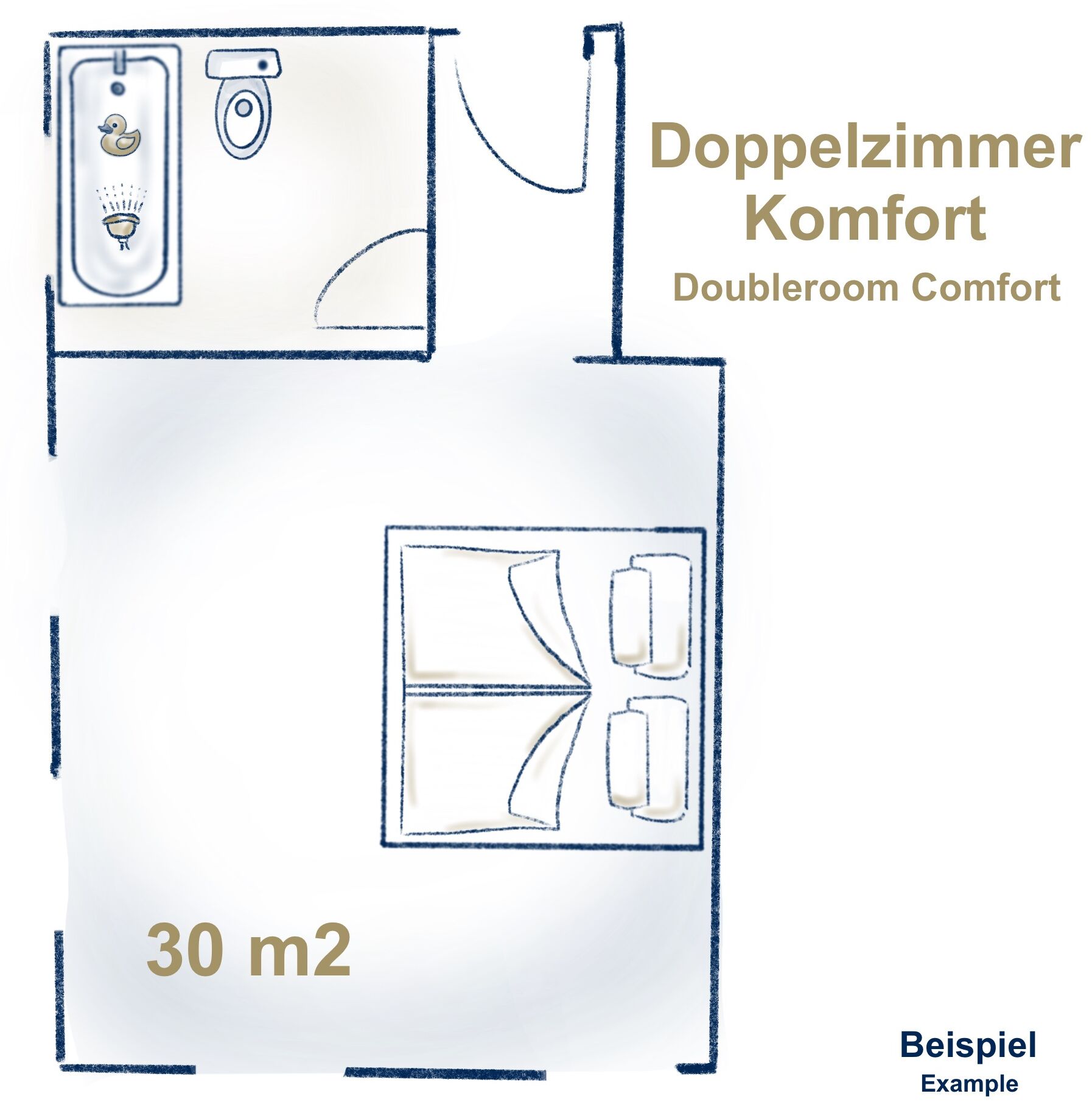 Plànol d'una habitació doble amb bany, amb una superfície de 30 metres quadrats.