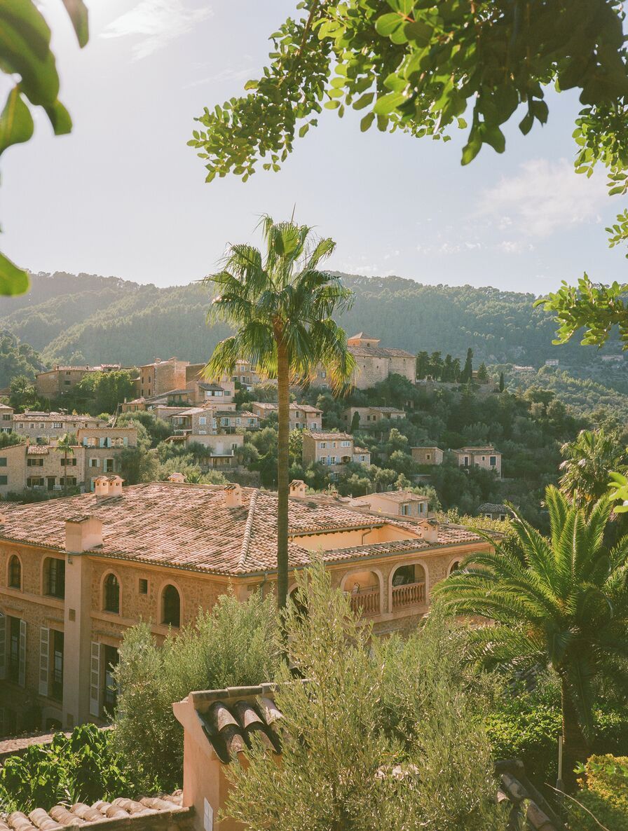 Un pueblo en la ladera con arquitectura tradicional, una palmera destacada y vistas de las colinas circundantes.