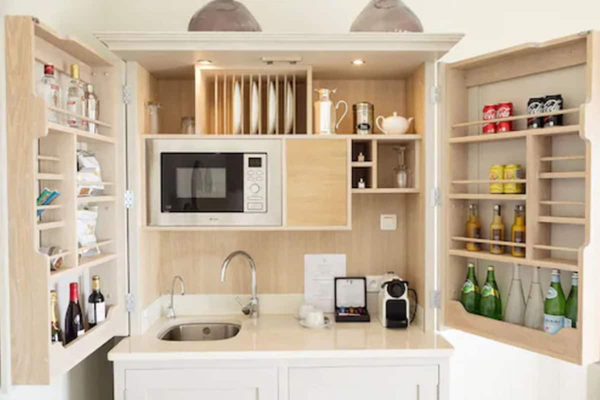 fridge, microwave, espresso maker, electric kettle