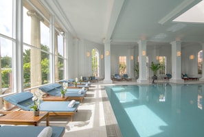 Indoor pool, outdoor pool, sun loungers