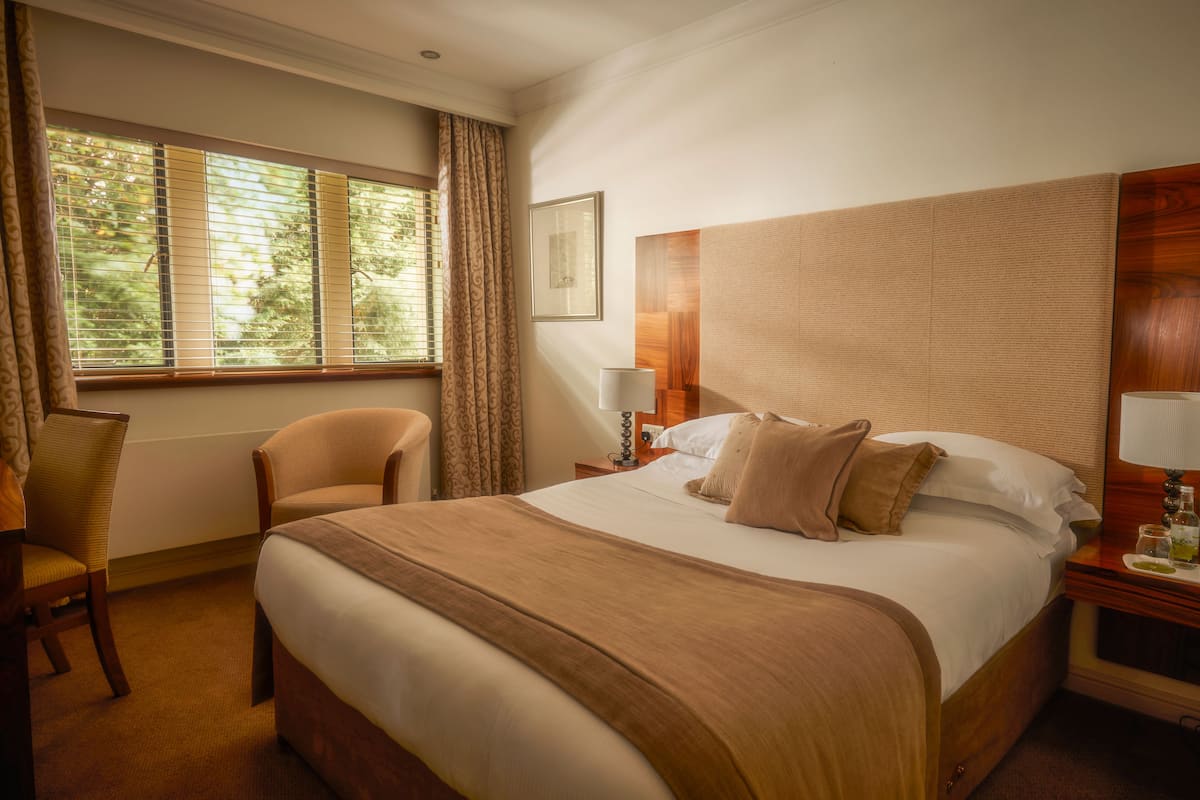 Una habitación de hotel con una cama grande, dos sillas, una mesita de noche, una lámpara y un ventanal con cortinas.