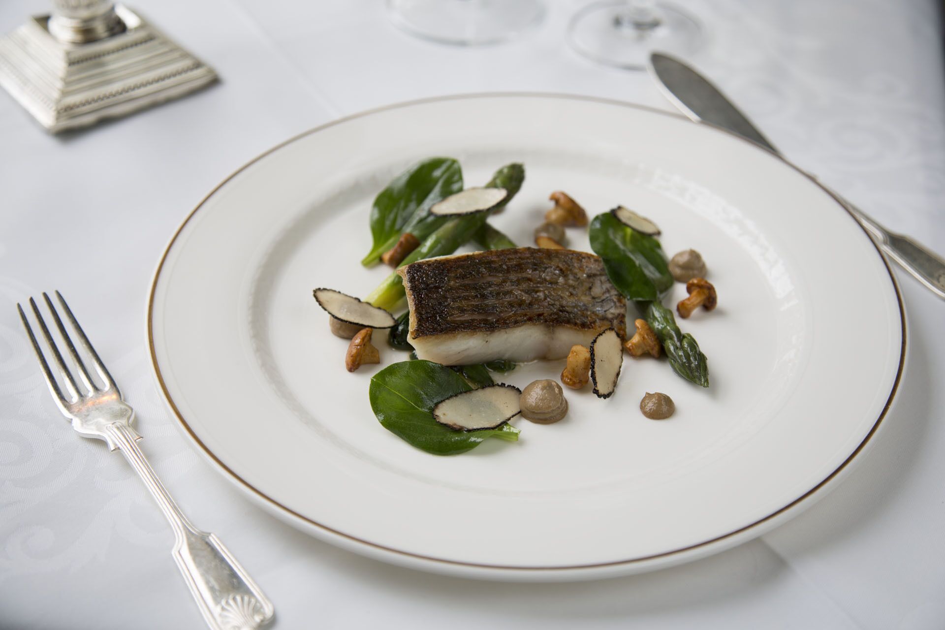 Ein Teller mit Essen, darunter ein Fischstück, Grünzeug und Nüsse, auf einem weißen Teller mit goldener Kante.