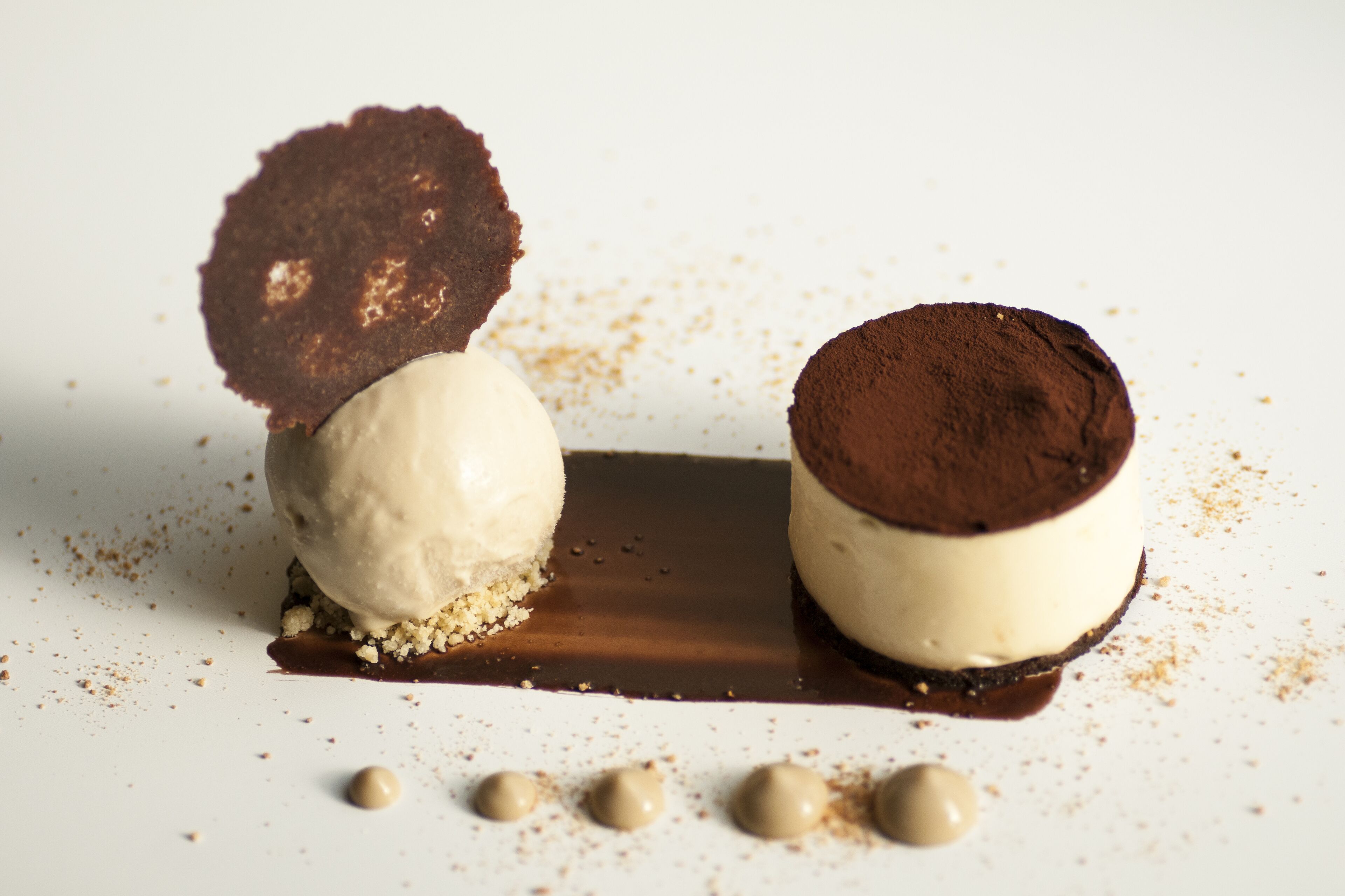 A dessert with ice cream and chocolate elements on a white plate.