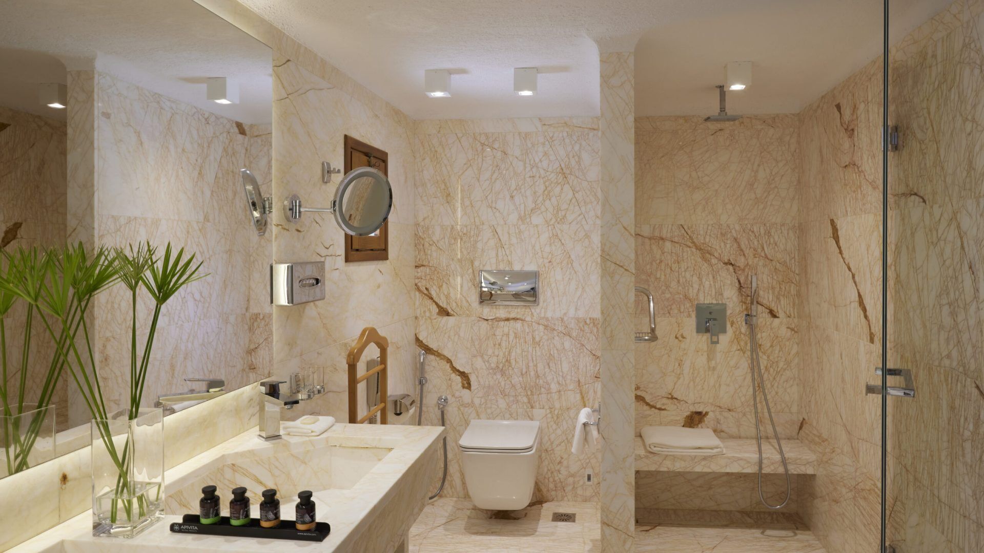 combined shower/bathtub, jetted bath, designer toiletries, hair dryer