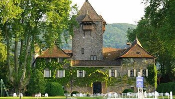 Un bâtiment qui ressemble à un château, avec une tour, entouré d’eau et de verdure.