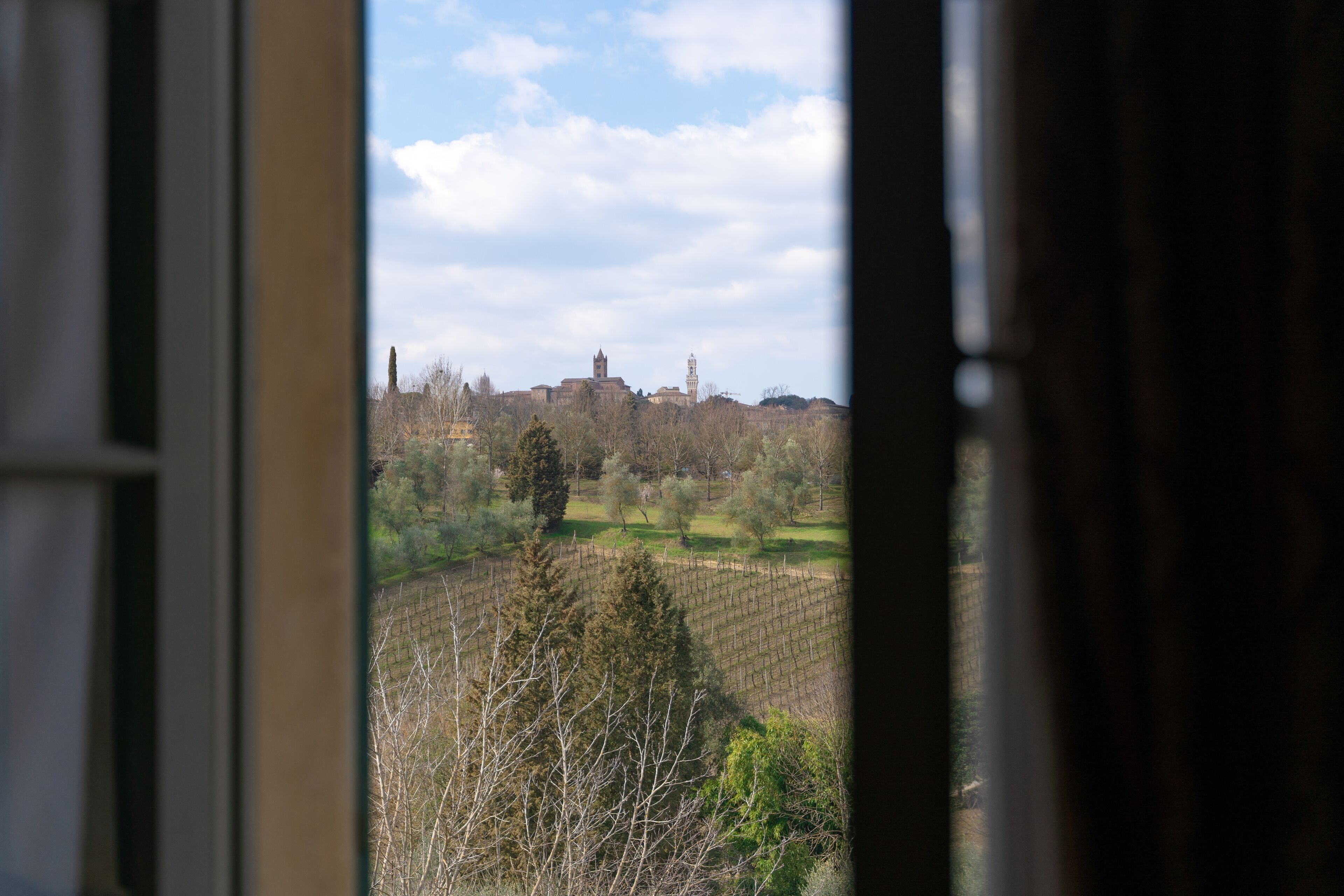 Blick durch ein Fenster auf einen Weinberg mit einem entfernten Gebäude.