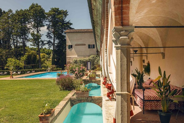 Outdoor pool, pool umbrellas, pool loungers