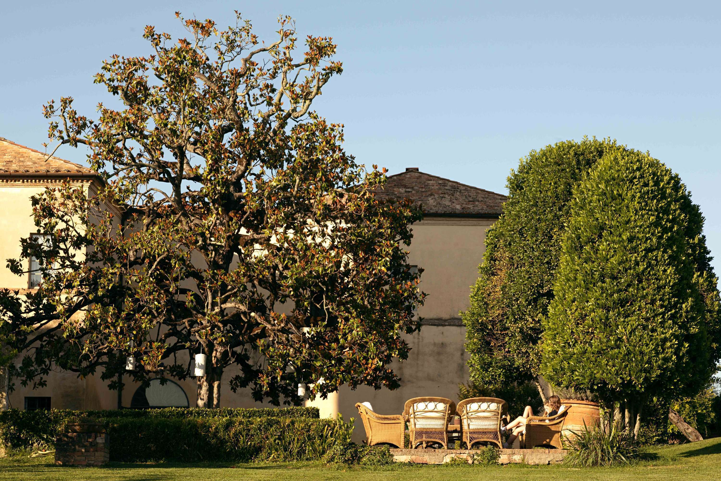 A building with a large tree in the foreground and a neatly trimmed hedge. There are wicker chairs and a table in the front yard.