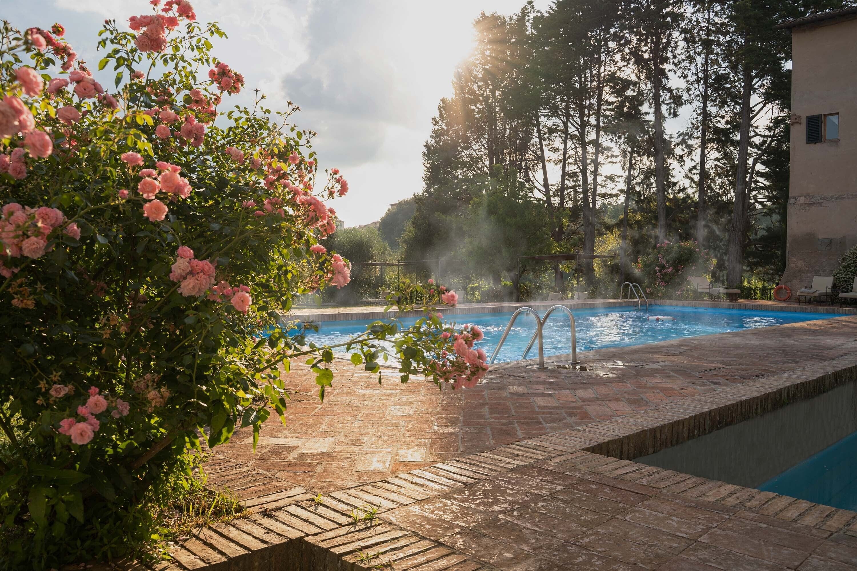 outdoor pool, pool umbrellas, pool loungers
