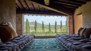 Une pièce dotée d’une grande fenêtre donnant sur un paysage composé d’arbres et de collines. On y trouve deux canapés rembourrés, et un tapis à motifs est placé au centre de la pièce.