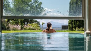 Una persona en una piscina con vistas a árboles y montañas a través de una ventana.
