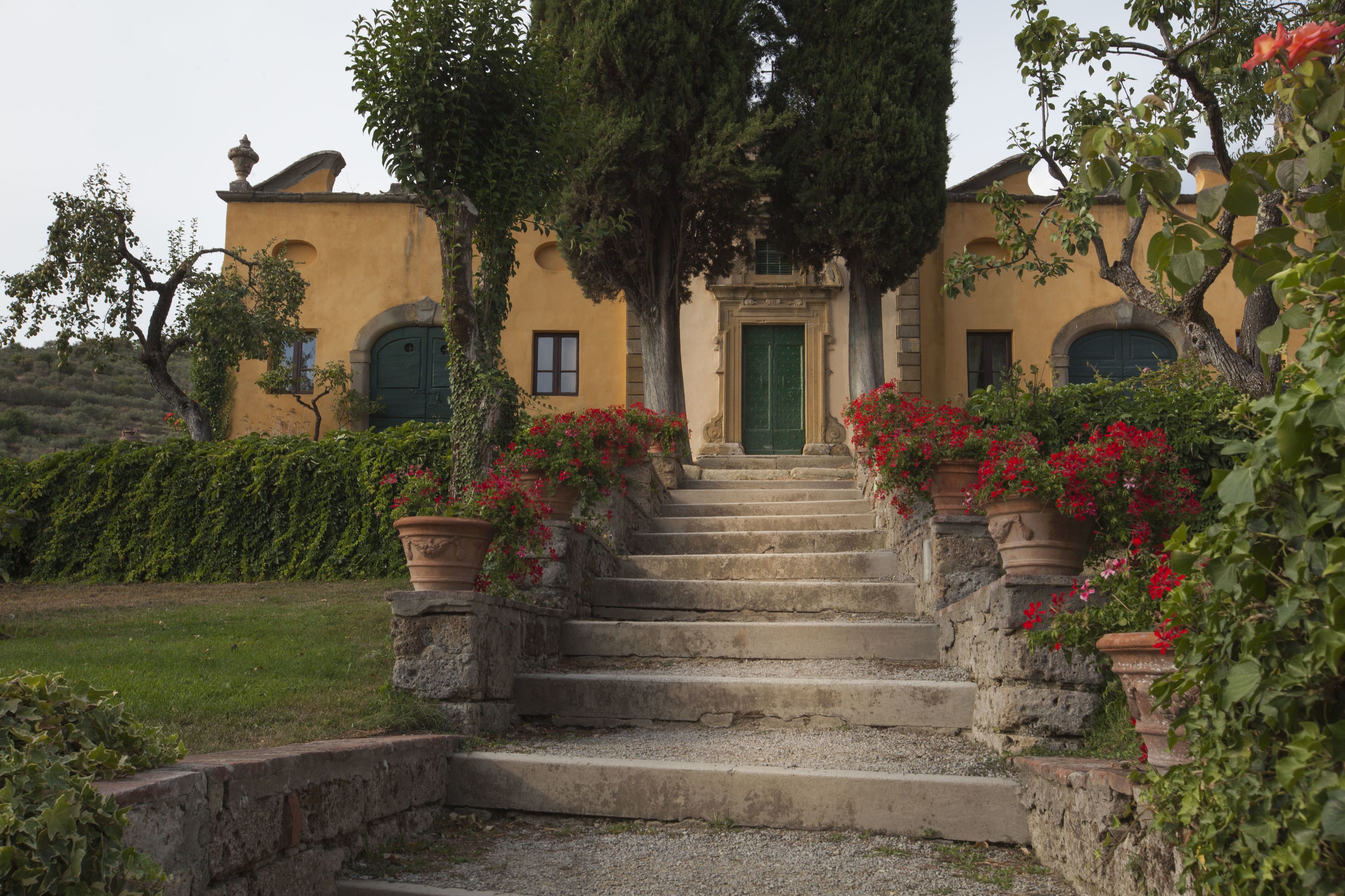 A stone staircase leading to a building with a green door, surrounded by red flowers and greenery.