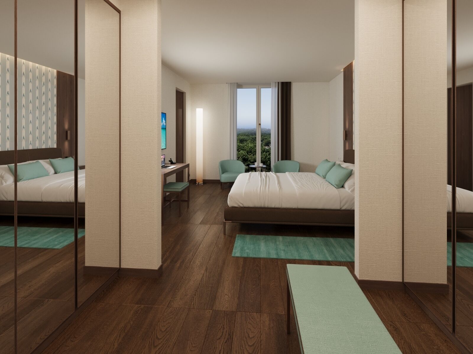 A modern hotel room with a large bed, a desk, a chair, and a view of the outdoors.
