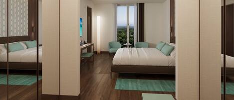 A modern hotel room with a large bed, a desk, a chair, and a view of the outdoors.