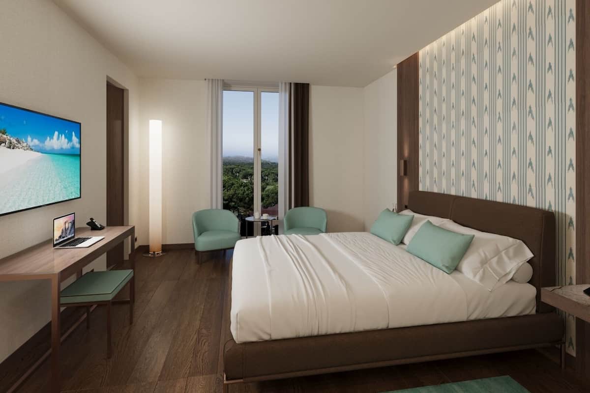 A hotel room with a large bed, a desk with a laptop, a TV, and a view of the outdoors.