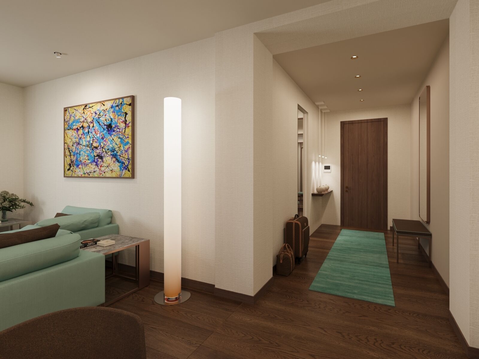 A modern hotel lobby with a green sofa, a tall floor lamp, a wooden floor, and a colorful abstract painting on the wall.