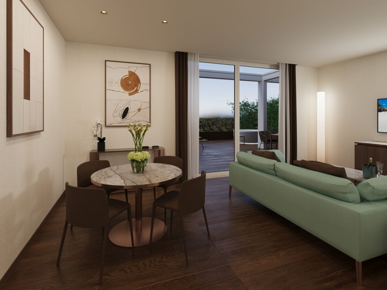 A modern living room with a round dining table, green sofa, and a view of the outdoors.