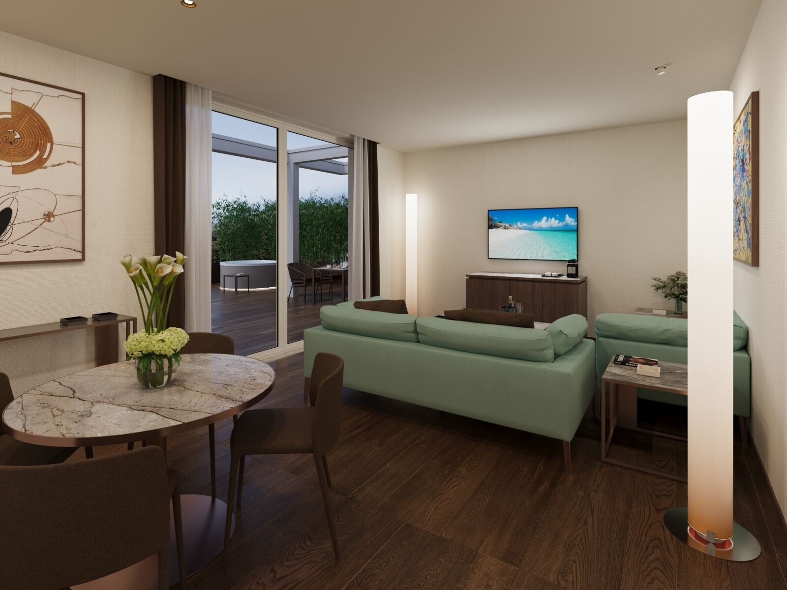 Un salon moderne avec un canapé, un téléviseur, une table à manger et un balcon offrant une vue agréable.