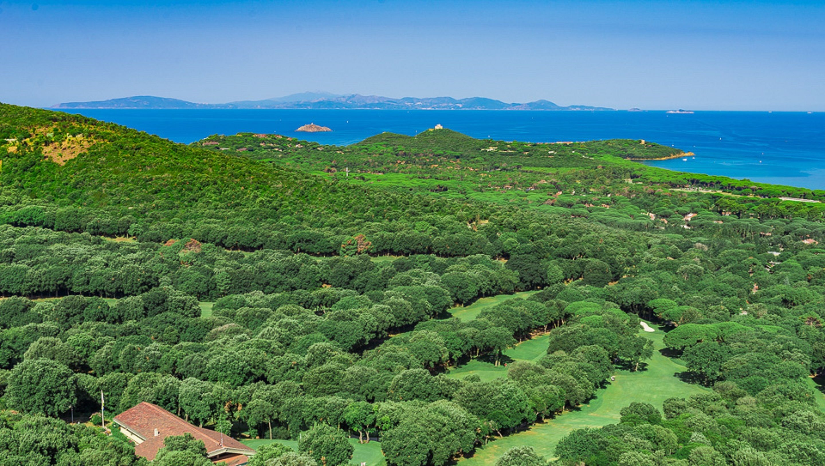 An aerial view of a lush, green landscape with dense tree coverage and a clear view of the ocean in the background.