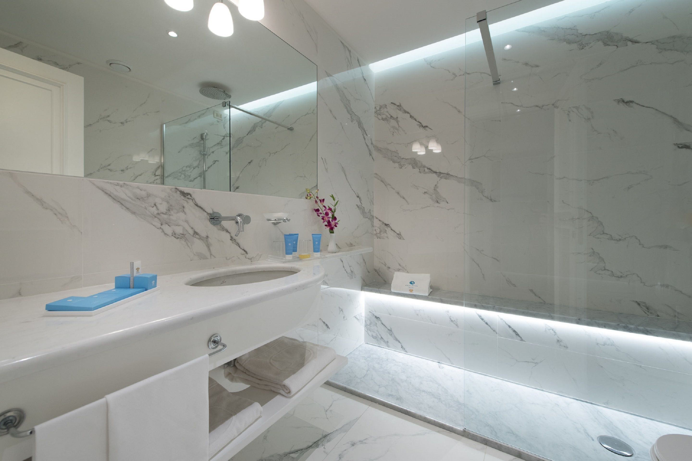 A modern bathroom with a marble sink, a glass shower enclosure, and a large mirror.
