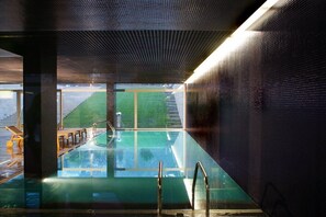 Indoor pool, outdoor pool, pool loungers