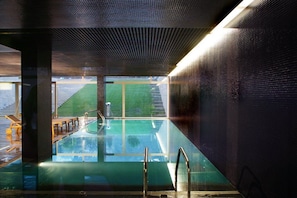 Indoor pool, outdoor pool, pool loungers