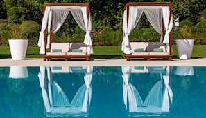 Indoor pool, outdoor pool, pool loungers