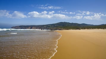 In Strandnähe, weißer Sandstrand, Strandtücher, Windsurfen