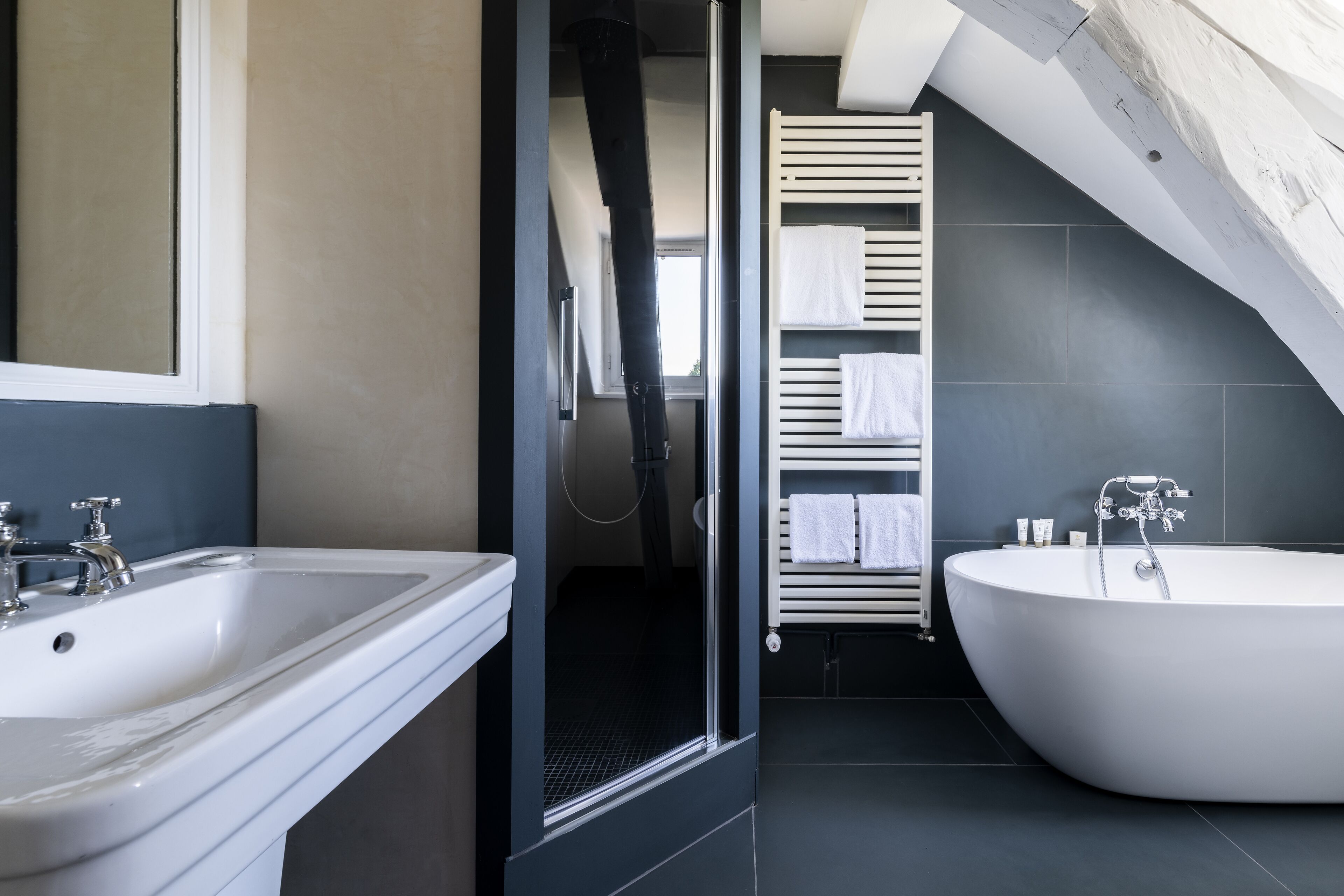 free toiletries, hair dryer, towels, shampoo