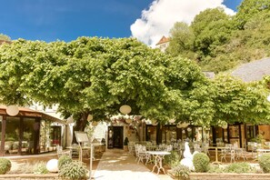Un café al aire libre con mesas y sillas bajo un gran árbol, un edificio de piedra al fondo y un cielo azul despejado.