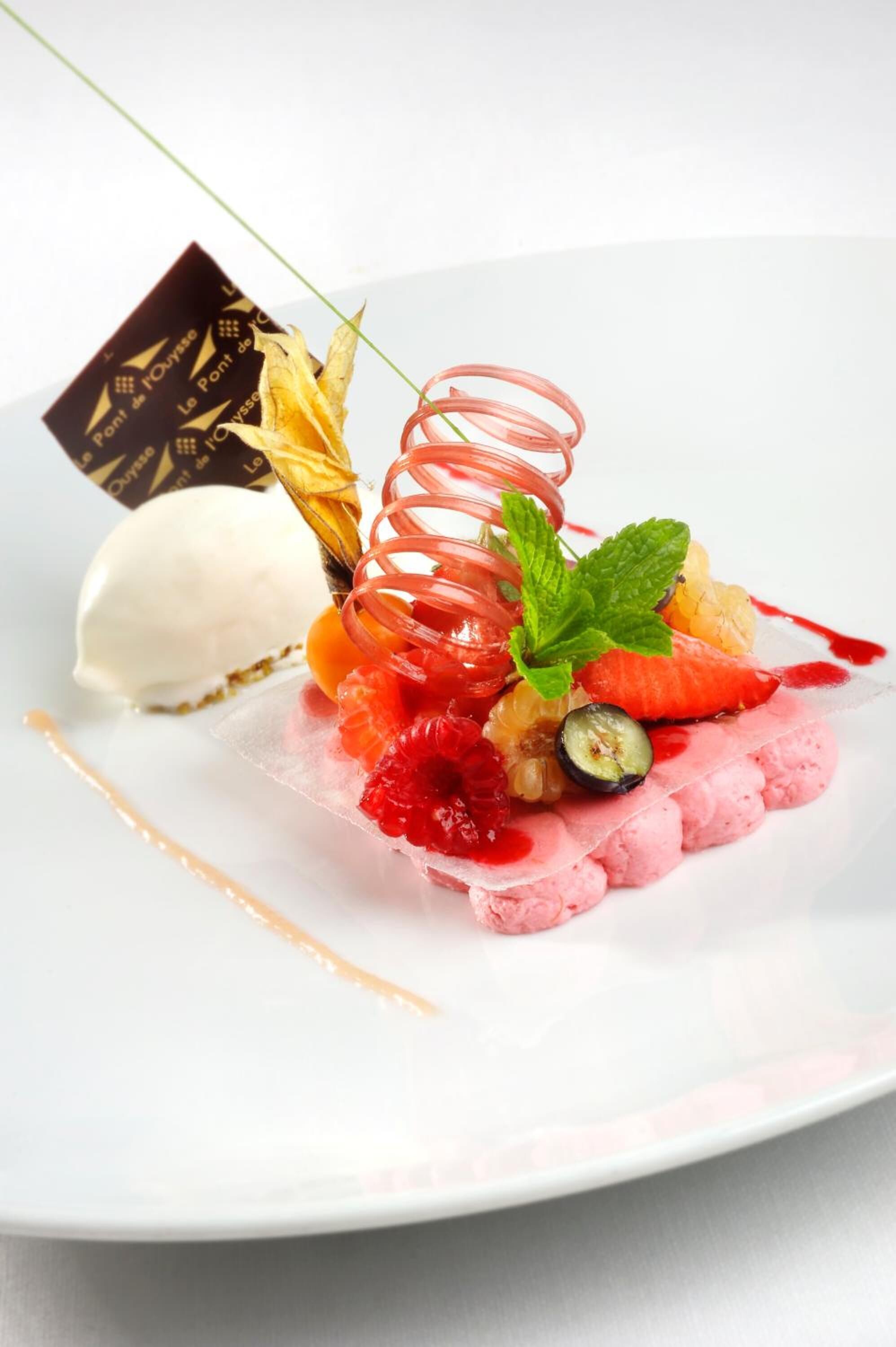 A dessert plate with a scoop of ice cream, a fruit arrangement, and a chocolate piece.