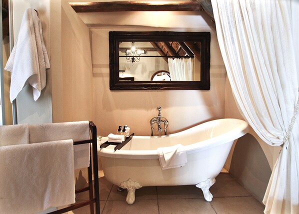 Une salle de bain avec une baignoire sur pieds, un miroir au-dessus et un porte-serviettes.