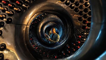 A close-up of a jet engine with a man inside, surrounded by numerous small, circular components.