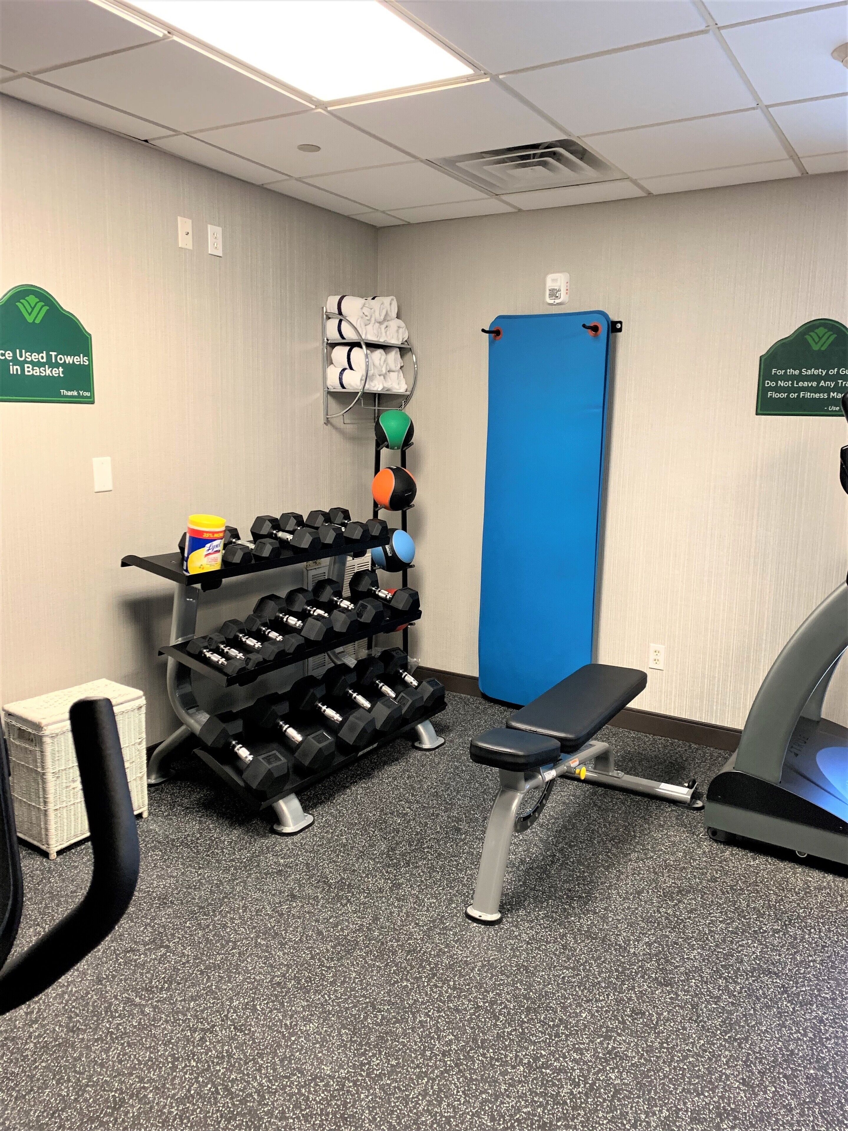 A gym with exercise equipment, a blue mat, and a treadmill.