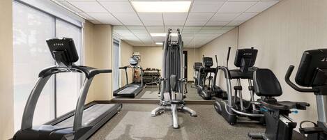 A gym with treadmills, elliptical machines, and weight benches.