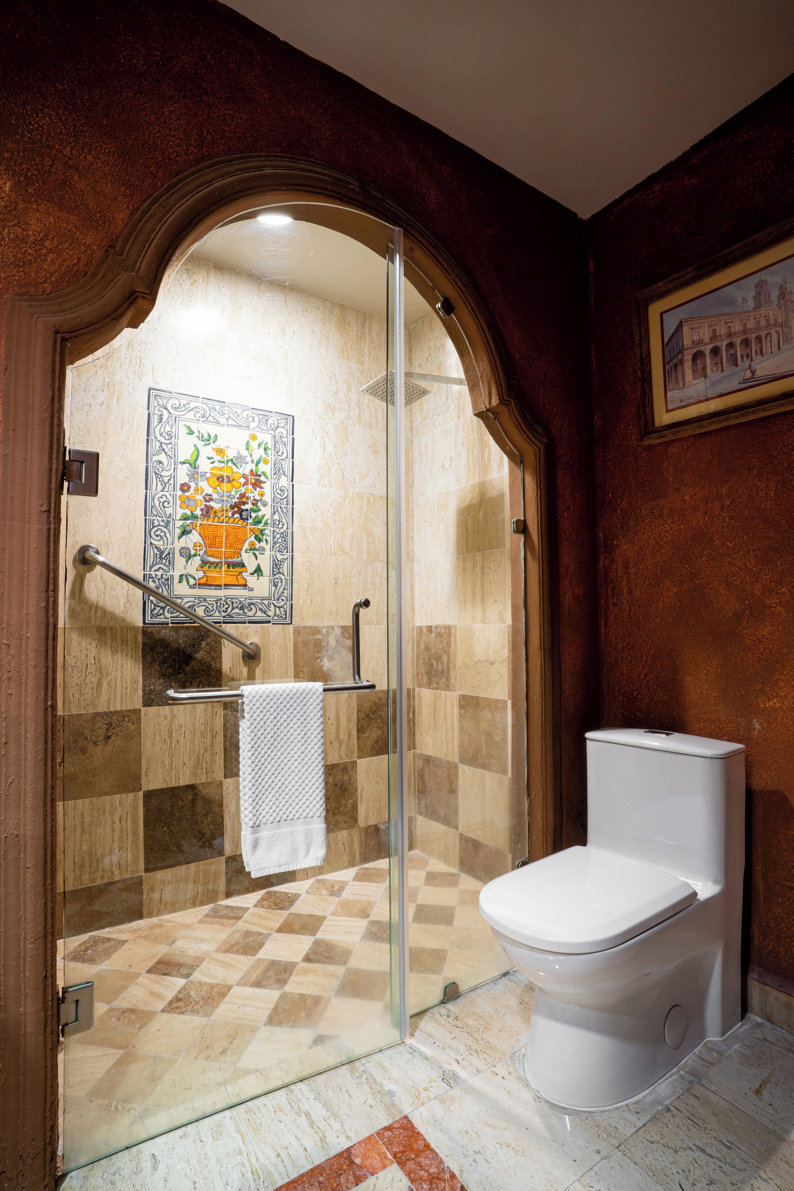 designer toiletries, hair dryer, towels, soap