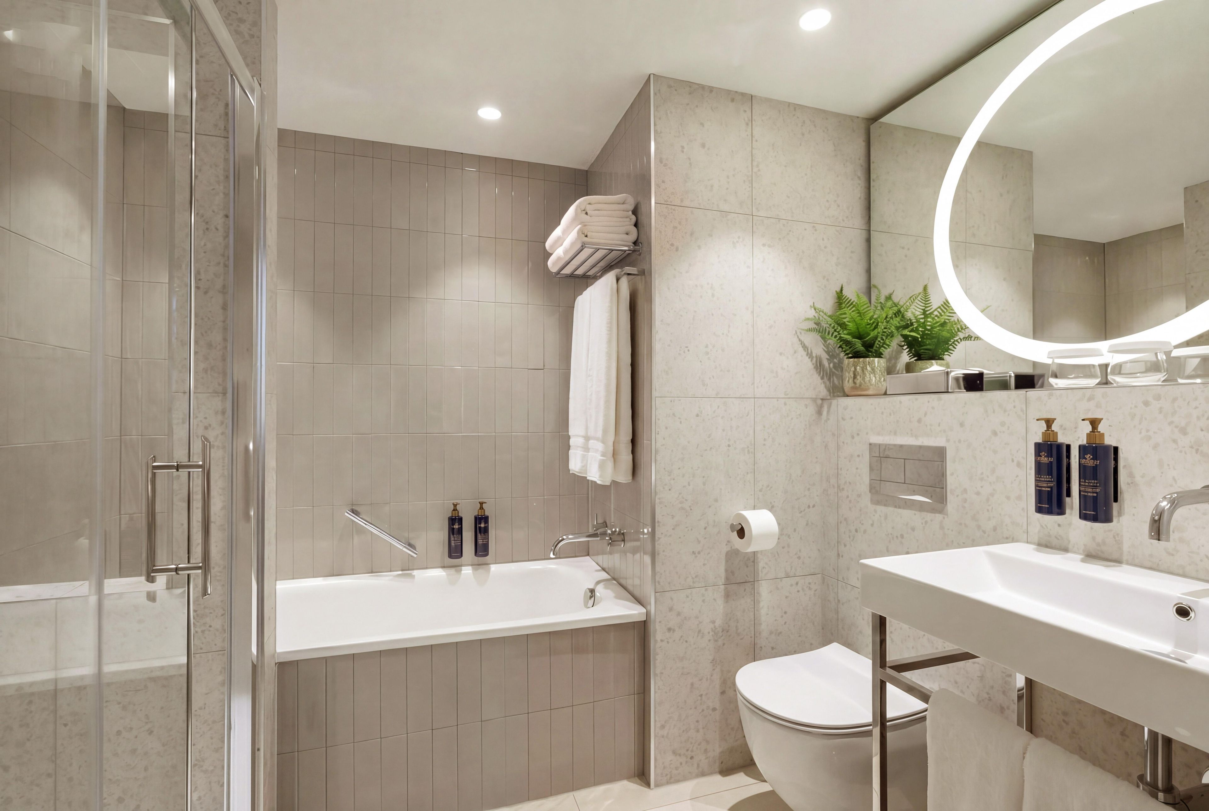 Un baño moderno con cabina de ducha de vidrio, bañera independiente, inodoro y tocador con espejo.