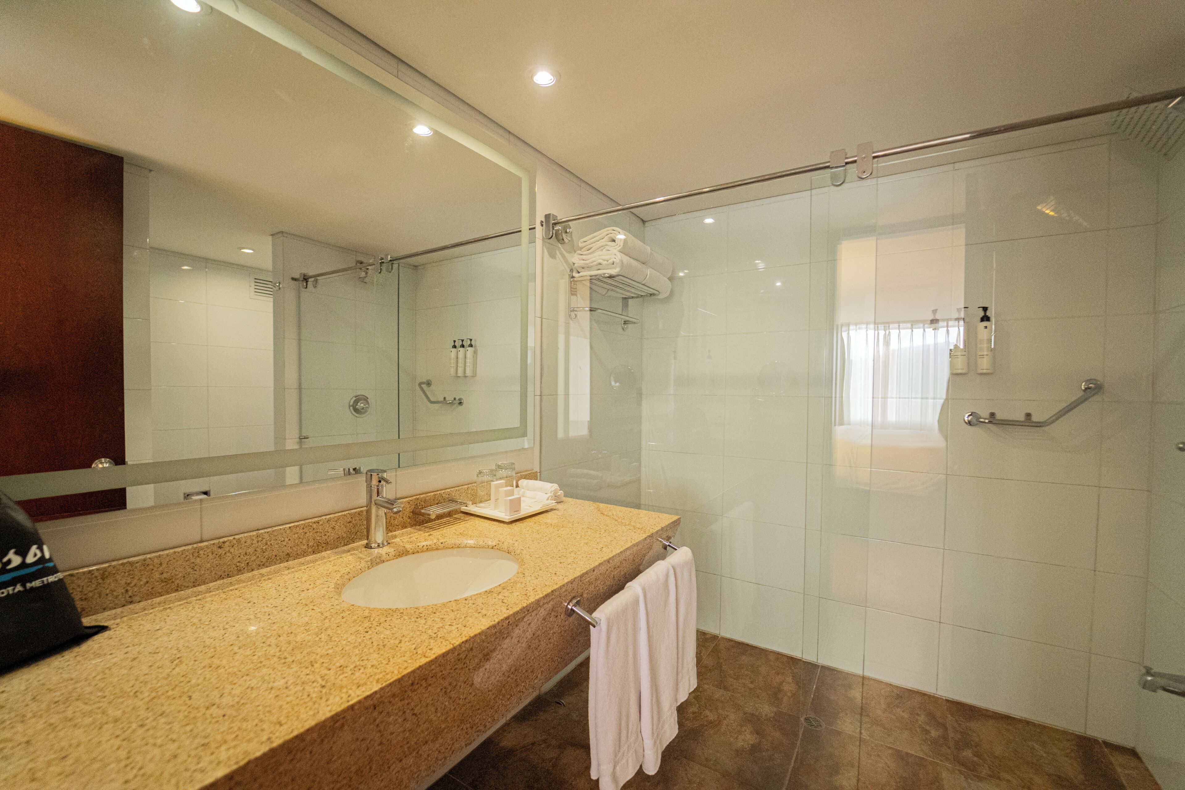 Une salle de bain avec une douche à parois de verre, un lavabo avec un miroir et un porte-serviettes.